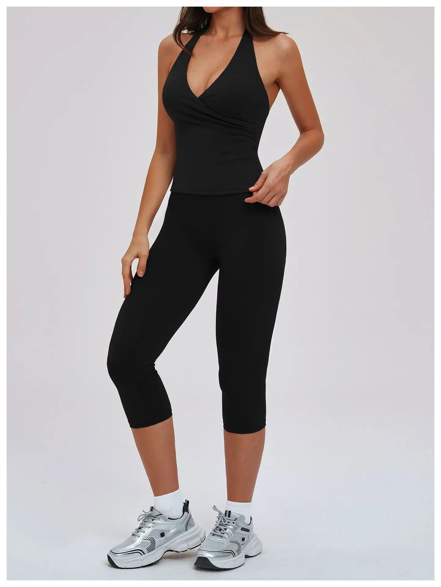 2PCS Workout Set Women Yoga Sets V Neck Cross Slim Sports Tank Top Athletic Wear Outdoor Tight High Waist Leggings Fitness Suits