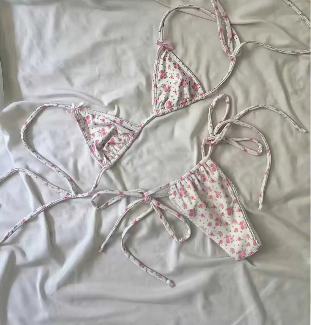 2026 Floral Print Halter Strappy Bikini Female Swimsuit Women Swimwear Two-pieces Bikini Set Bow Knotted Bathing Suit Swim Lady
