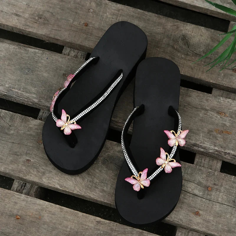 Luxury Crystal Butterfly Wedge Heel Flip Flops Women Fashion Clip Toe Thick Bottom Slippers Woman Summer Beach Non Slip Slides