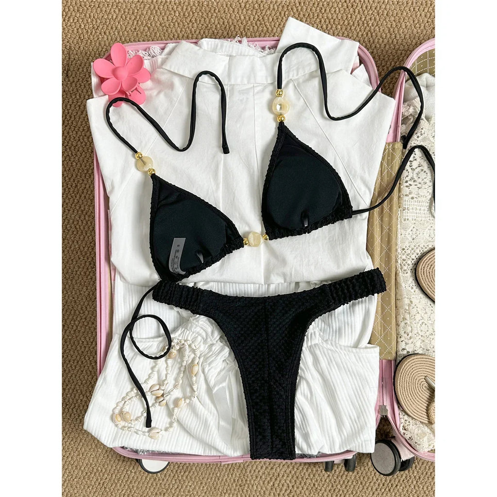 Wrinkled Crinkled Halter Bikini Female Swimsuit Women Swimwear Two-pieces Bikini set Brazilian Bather Bathing Suit Swim V8134