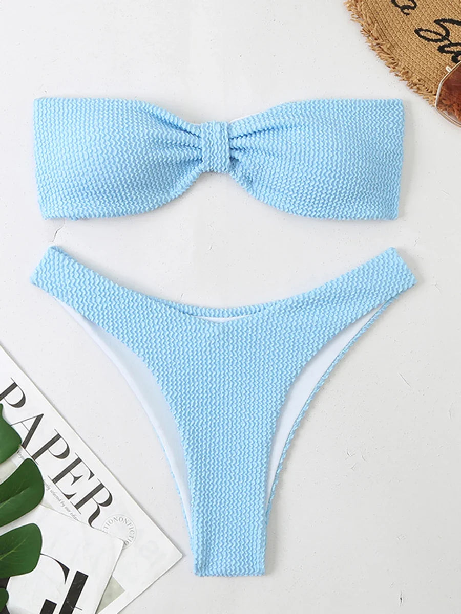 Contrast Binding Bandeau Bikinis 2026 Women Sexy Swimsuit Solid Padded Swimwear Female Bathing Suit Swimming Summer Beachwear