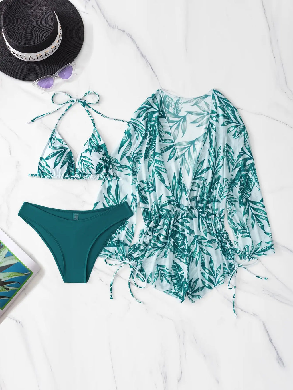 3 Pieces Bikini Tropical Print Swimsuit Halter Drawstring Side Swimwear Women 2026 Bathing Suit Female Swimming Summer Beachwear