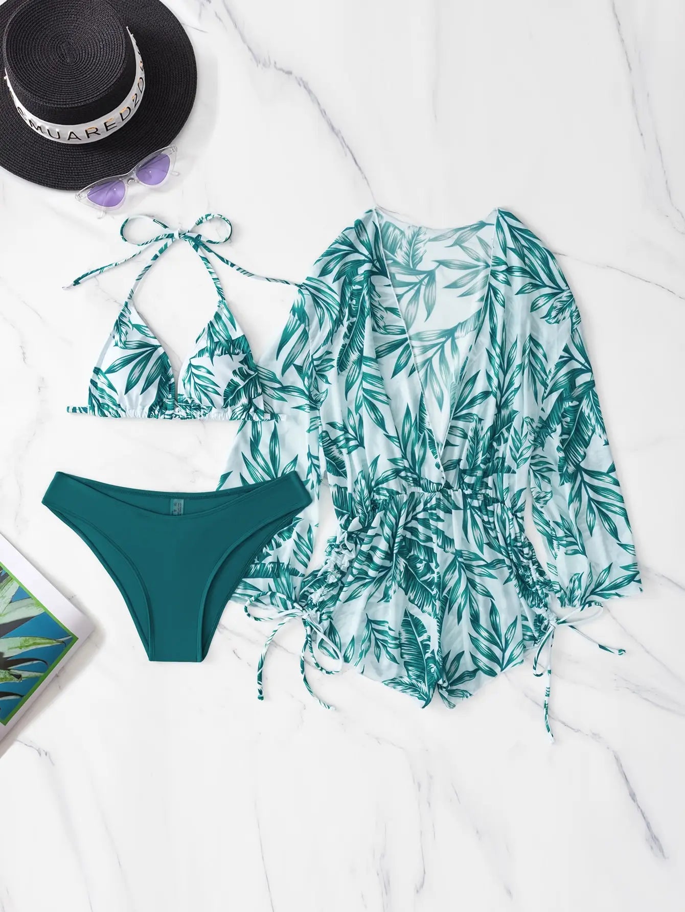 3 Pieces Bikini Tropical Print Swimsuit Halter Drawstring Side Swimwear Women 2026 Bathing Suit Female Swimming Summer Beachwear