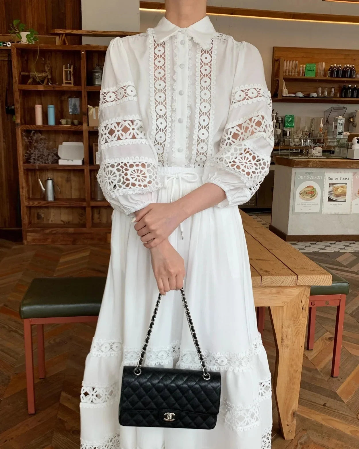 2026 French Retro Heavy Shirt Skirt Hollow Lace Balloon Sleeve Shirt + High Waist Belted Skirt Fashion Suit for Women