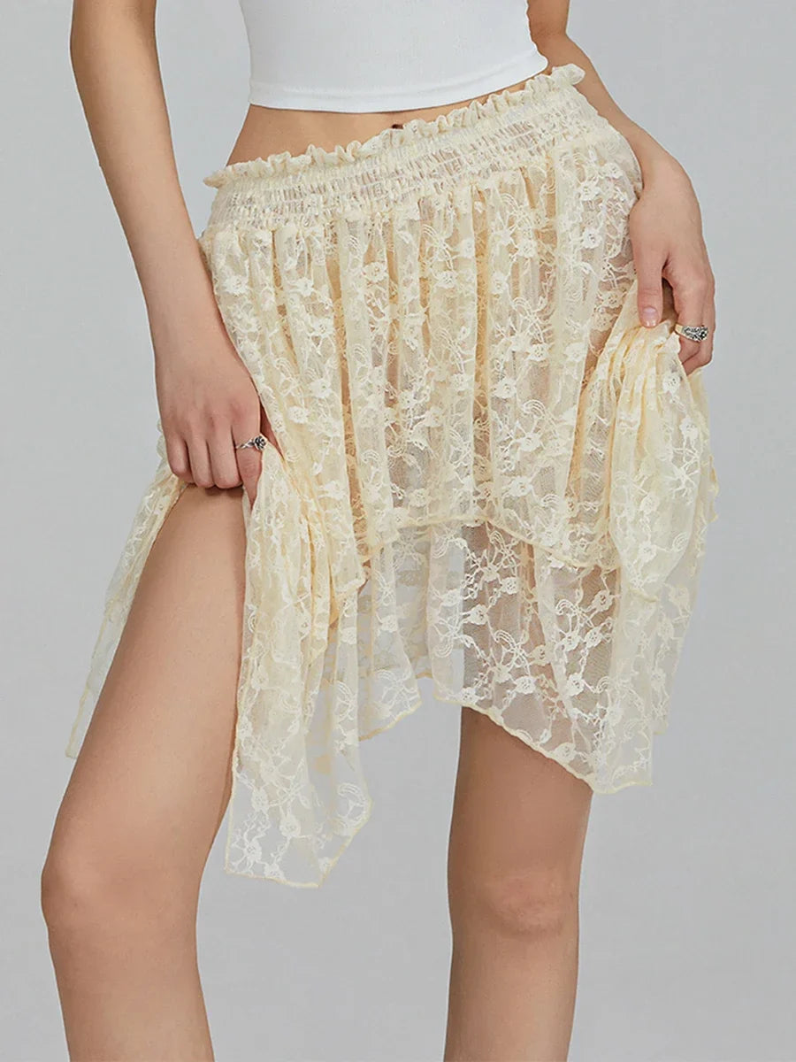 Women's Lace Skirts High Waist Irregular Hem Skirts Summer Korean Fashion Gothic Sexy Club Beach Skirts