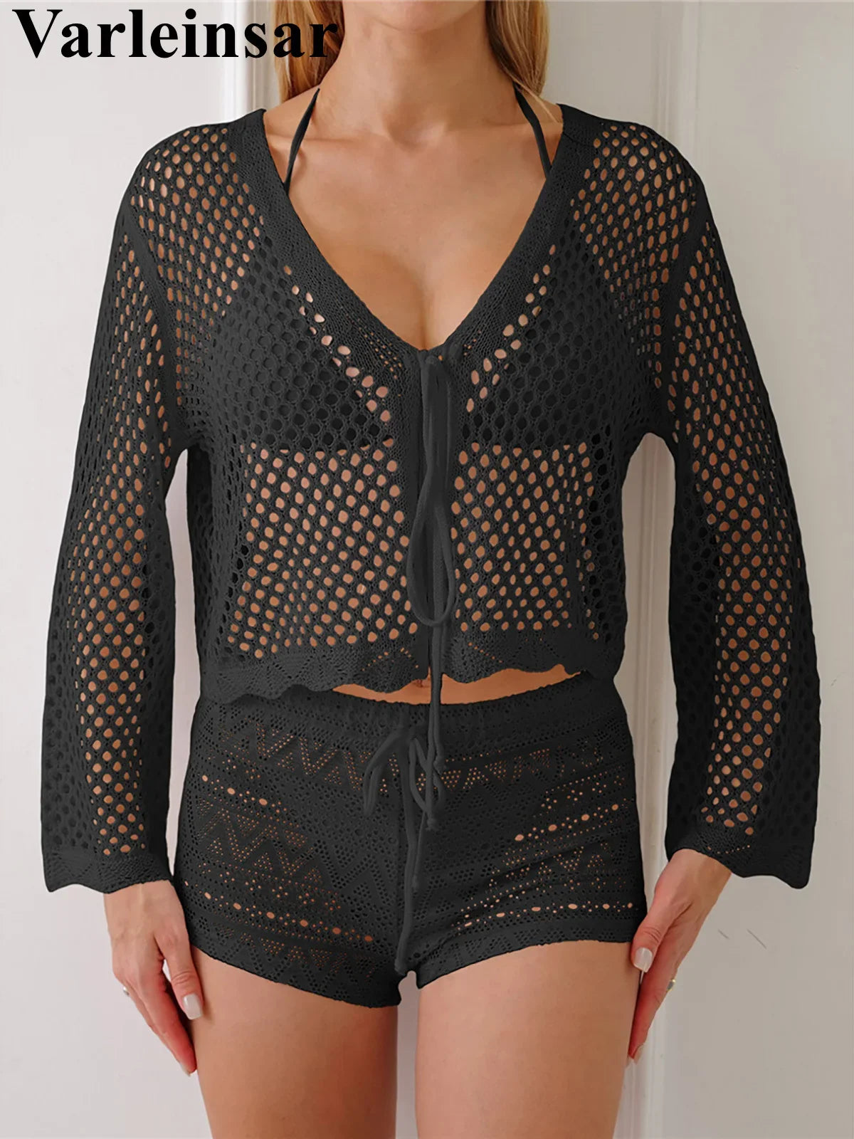 V Neck Long Sleeve Hollow Out Crochet Knitted Tunic Beach Dress Beach Wear Beachwear Beach Cover Up Cover-upsFemale Women V7192