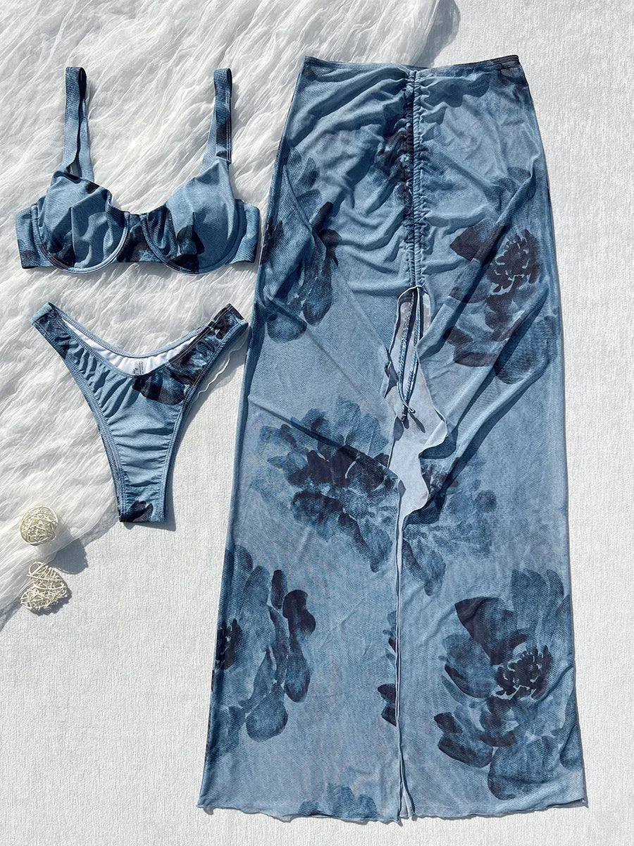 Print with Mesh Long Skirt Underwired Bikini Female Swimsuit Women Swimwear Three-pieces Bikini Set Bathing Suit Swim Beachwear