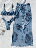 Print with Mesh Long Skirt Underwired Bikini Female Swimsuit Women Swimwear Three-pieces Bikini Set Bathing Suit Swim Beachwear
