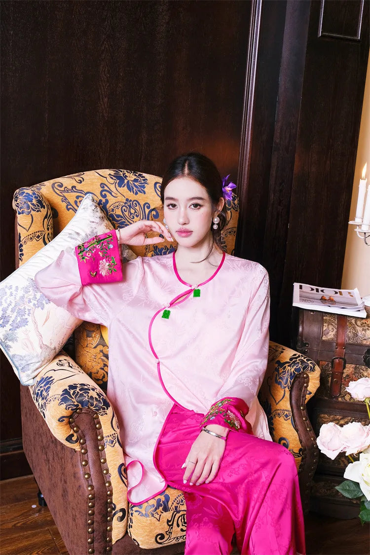 New Chinese style pajamas with breast pads, simulated silk, ice silk home wear, satin jacquard pajamas set