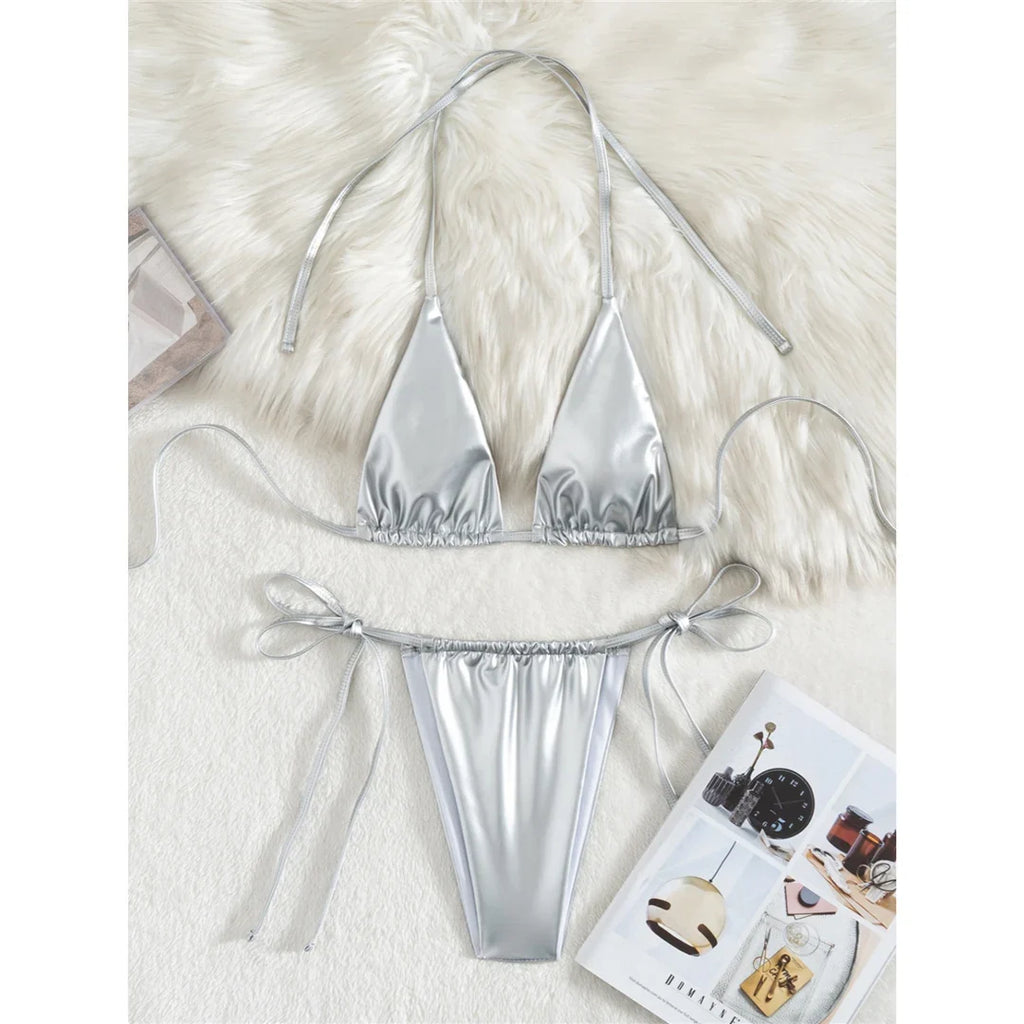 3 Colors New PU Faux Leather Halter Bikini Women Swimwear Female Swimsuit Bather Bathing Suit Swim Two-Pieces Bikini Set V6492B