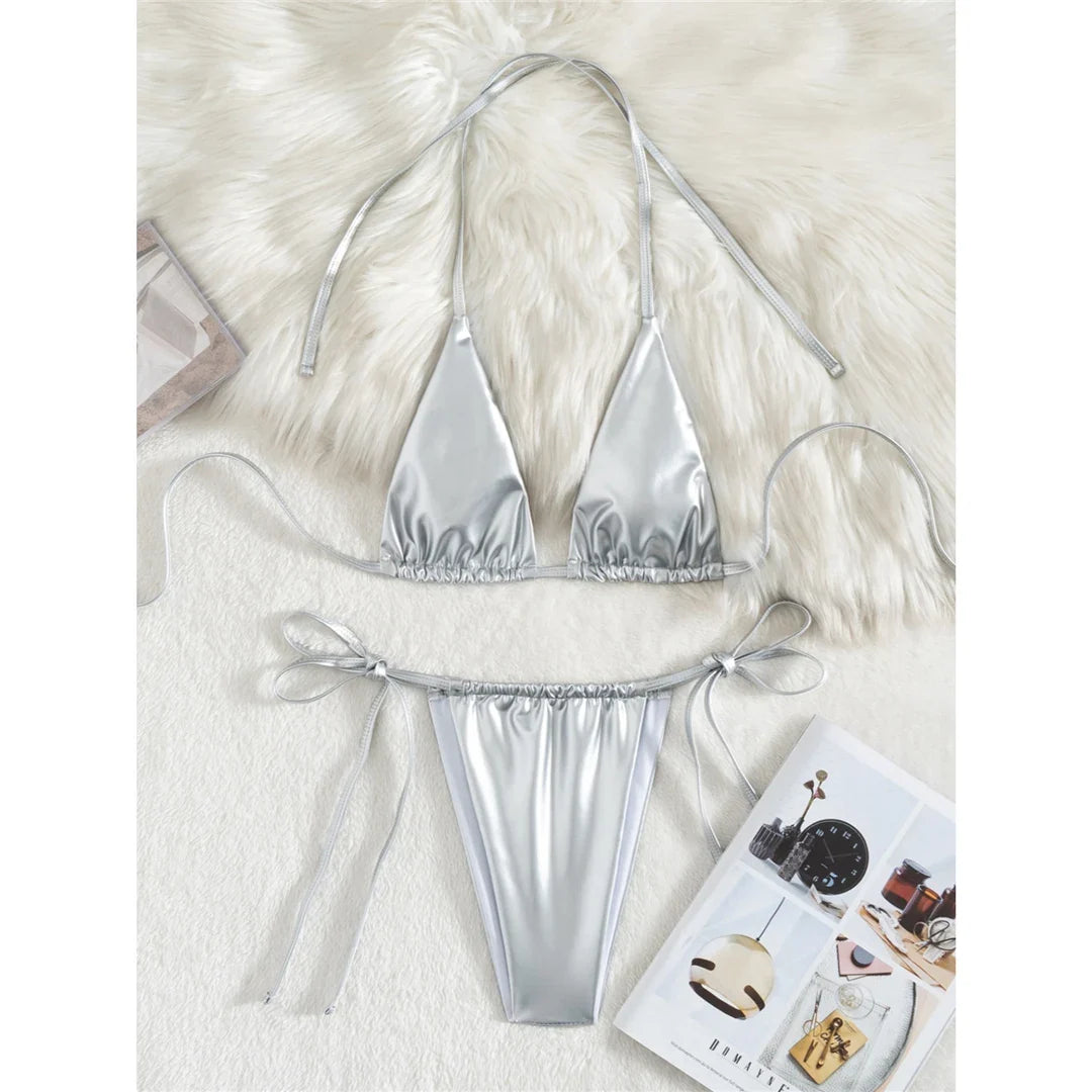 3 Colors New PU Faux Leather Halter Bikini Women Swimwear Female Swimsuit Bather Bathing Suit Swim Two-Pieces Bikini Set V6492B