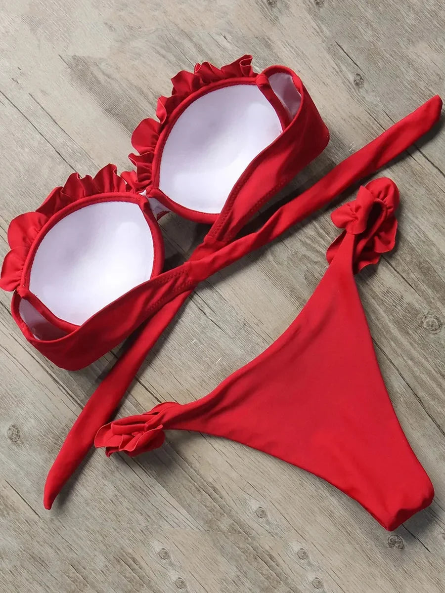 Ruffled Bra Cup Bikinis 2025 Bandeau Bikinis Women Swimsuit Female Swimwear Two Pieces Bikini Set High Cut Bathing Suit Swim