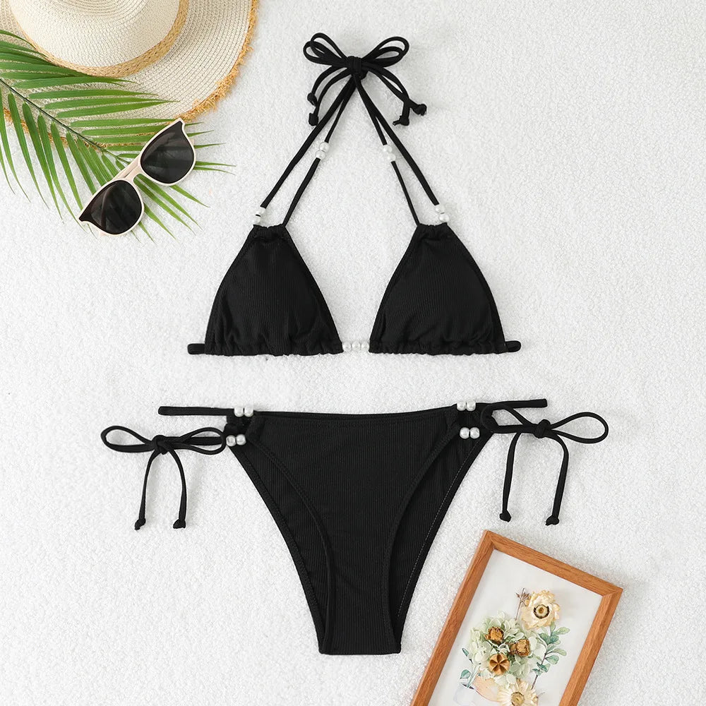 Sexy Orange Bikini 2025 Women Pearls Strap Push Up Drawstring Side Thong Swimsuit Luxury Lace Up Beach Bathing Suit Swimwear