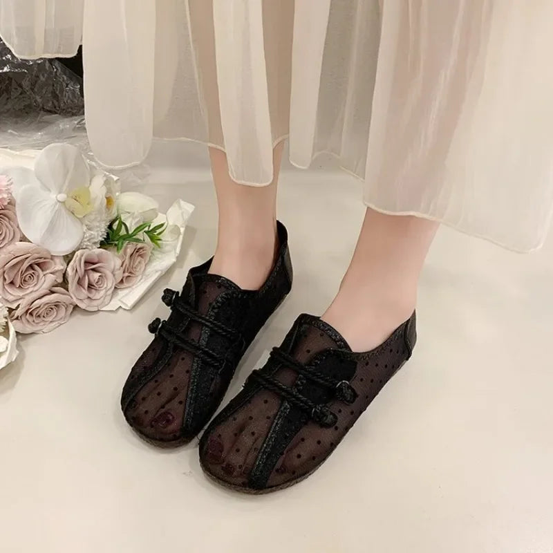 2026 Summer Mesh Breathable Polka Dot Single Shoes Women's Bow Mary Jane Shoes Soft Sole Non-slip Versatile