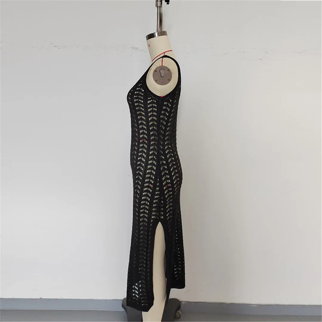 4 Color Hollow Out Sleeveless Crochet Knitted Tunic Beach Cover Up Cover-ups Beach Dress Beach Wear Beachwear Female Women K6783