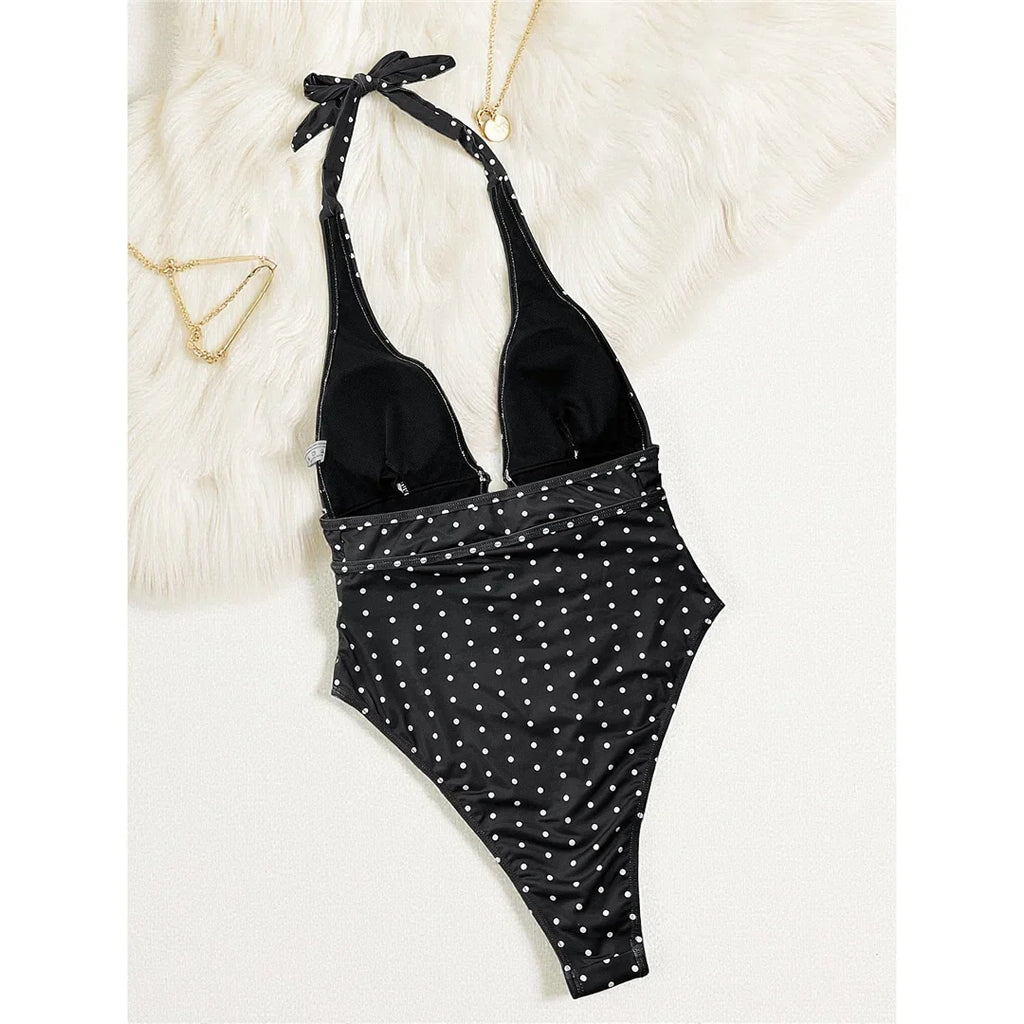Polka Dots Halter Deep V Neck One Piece Swimsuit Women Swimwear Female Backless Monokini Padded Bather Bathing Suit Swim V7729