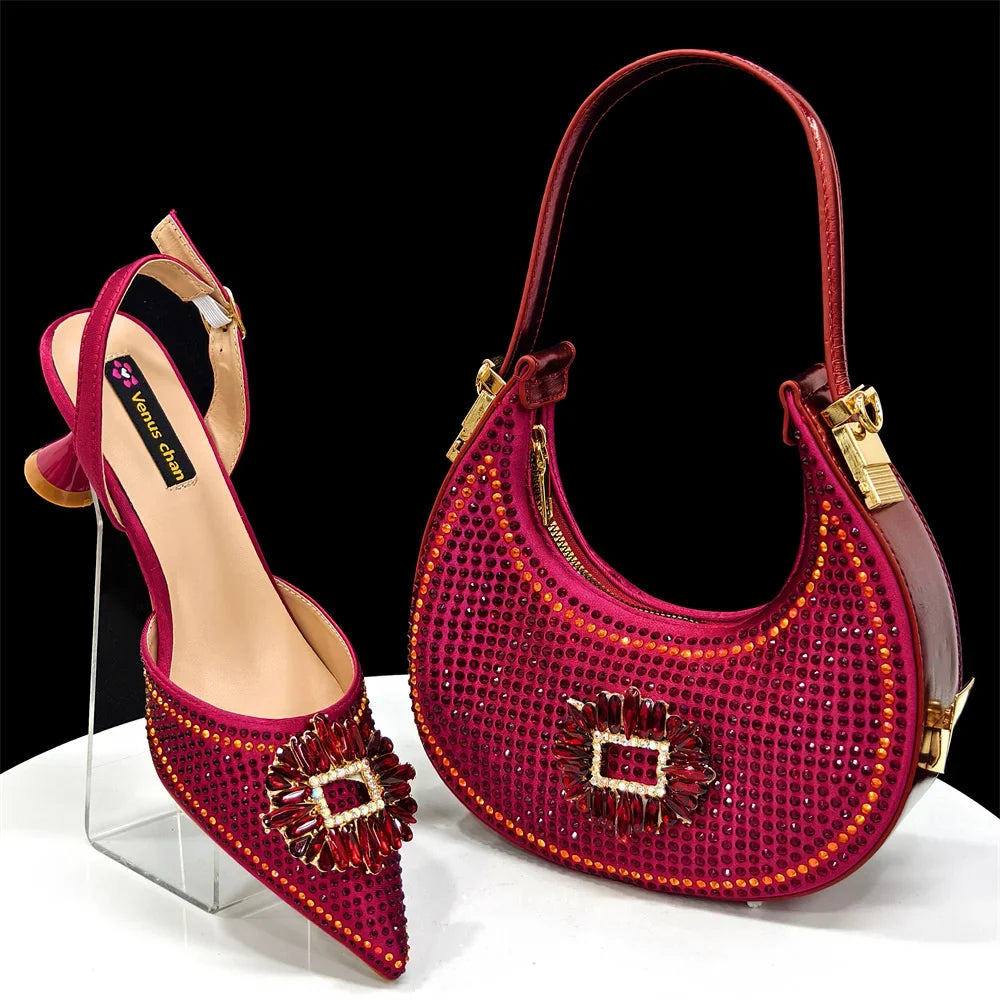 doershow Italian Shoes And Bag Sets For Evening Party With Stones Italian Leather Handbags Match Bags!  HFG1-21