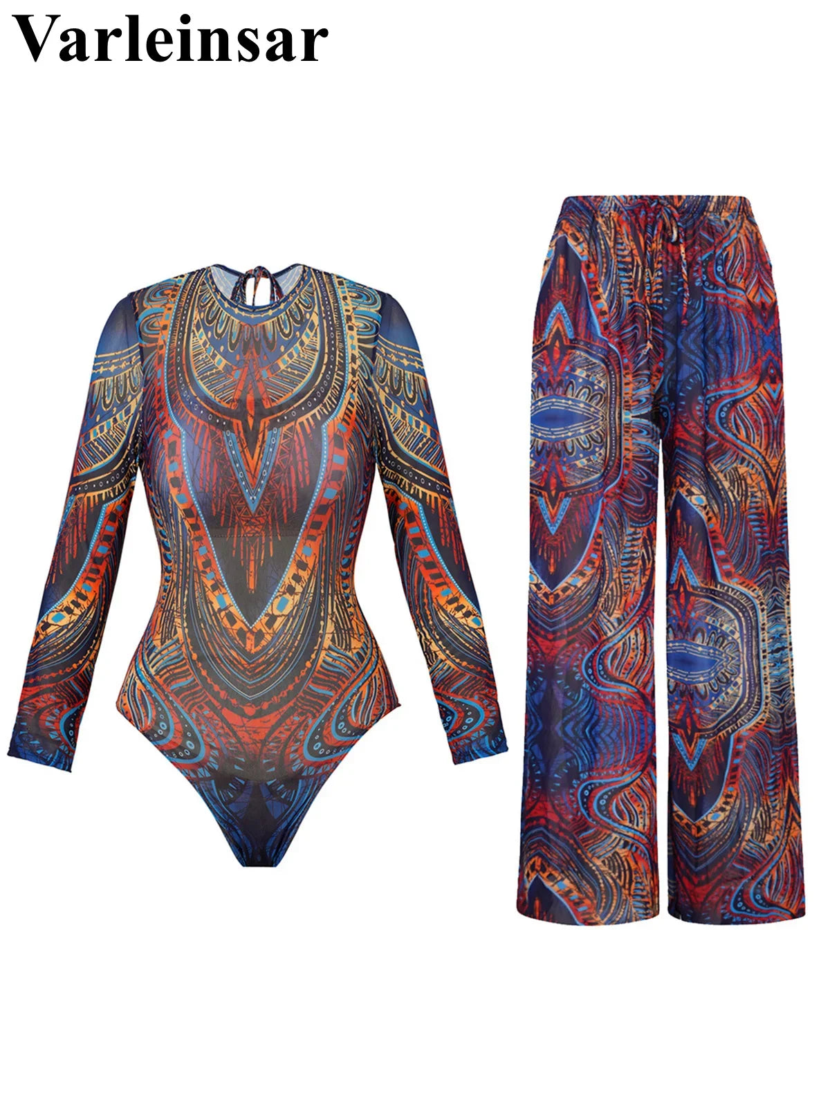 XS - XXL Printed Long Sleeve With Pants Women Swimwear One Piece Swimsuit Female Zipper Padded Bather Bathing Suit Swim V7094
