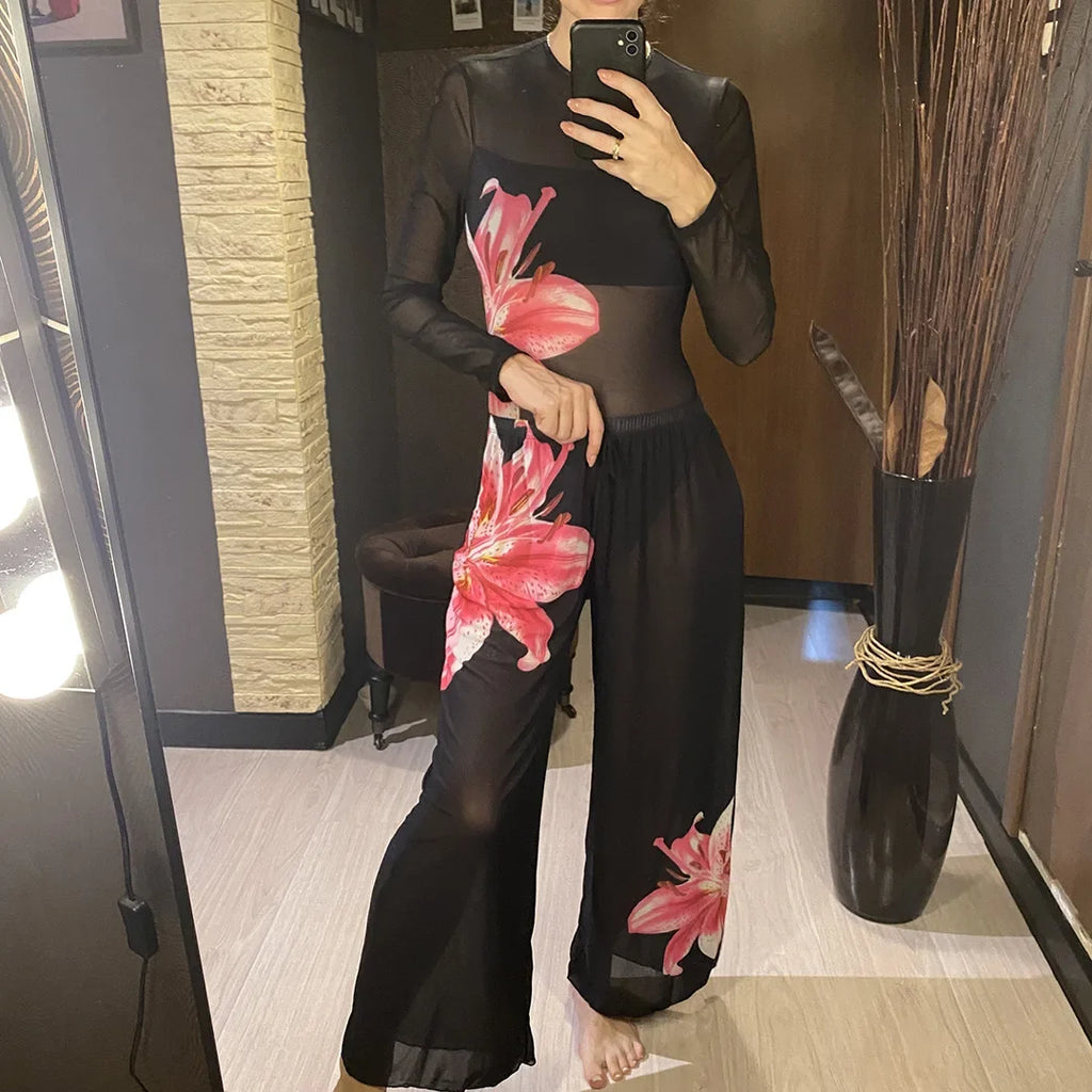 S - XL New Flower Printed Floral Long Sleeve With Pants One Piece Swimsuit Women Swimwear Female Bather Bathing Suit Swim V7099