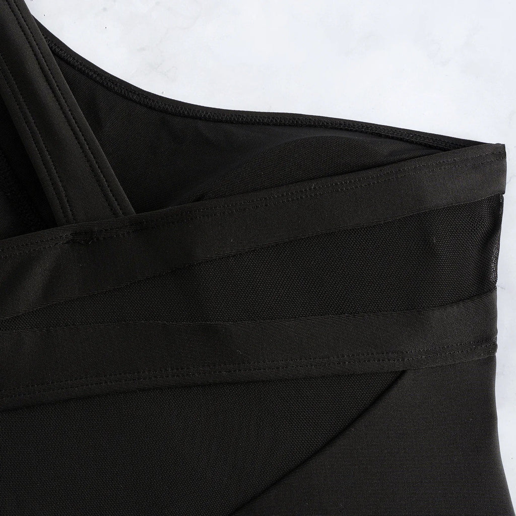 Sexy One Shoulder Swimwear Women 2026 Black Mesh See Through Slim Tummy Control One Piece Swimsuit Beach Holiday Bathing Suits