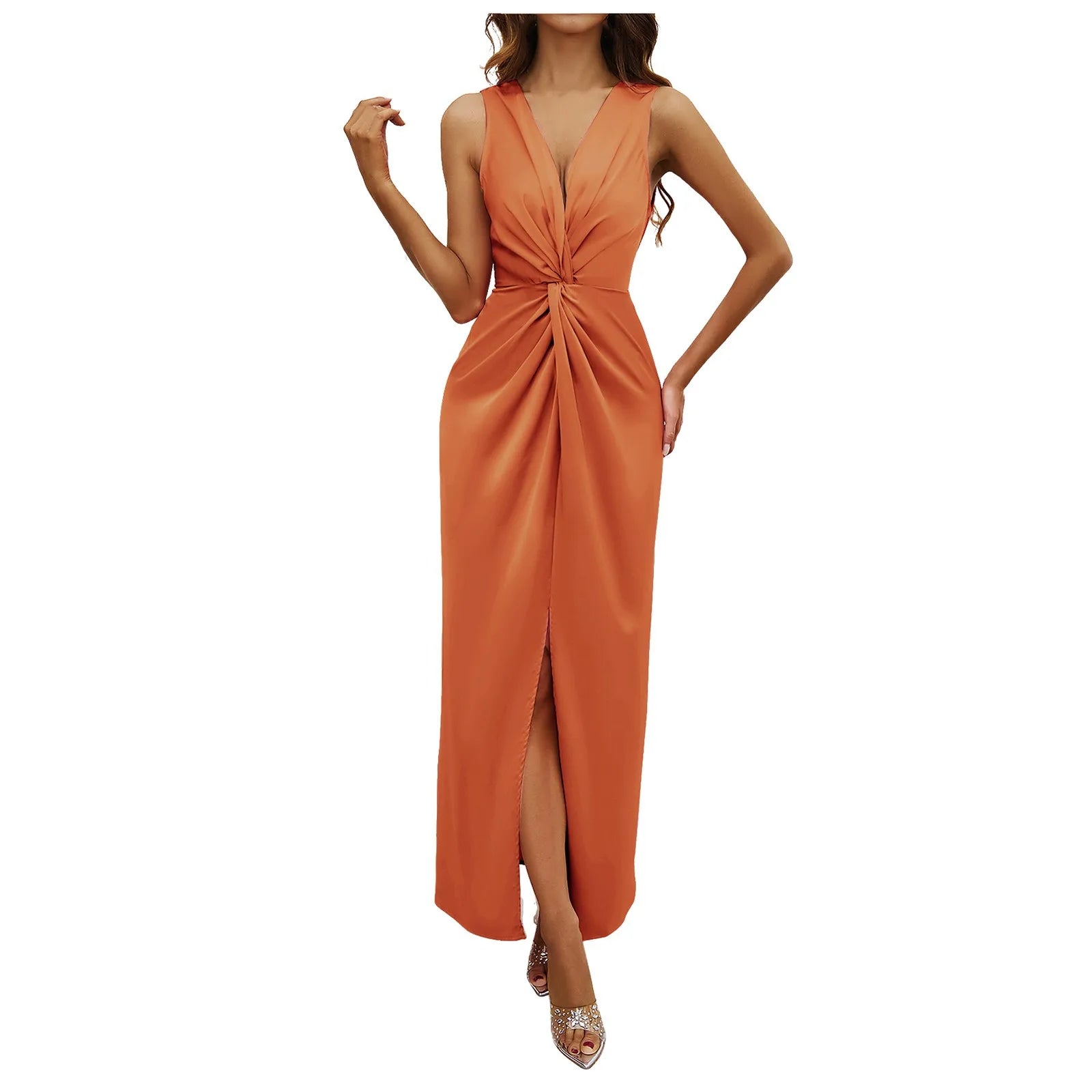 Evening Party Dress For Womens Summer Elegant Formal Dresses Sexy Sleeveless Deep V Neck Pleated Long Vestidos With High Split