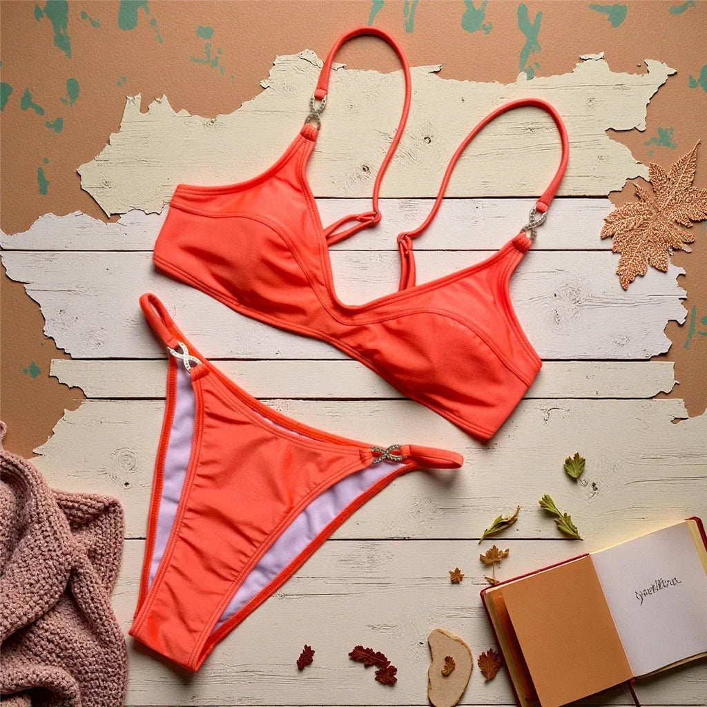 10 Colors V Neck Rhinestones Bikini Female Swimsuit Women Swimwear Two-pieces Bikini Set Padded Bather Bathing Suit Swim V8138