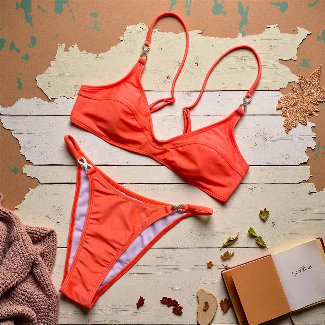 10 Colors V Neck Rhinestones Bikini Female Swimsuit Women Swimwear Two-pieces Bikini Set Padded Bather Bathing Suit Swim V8138