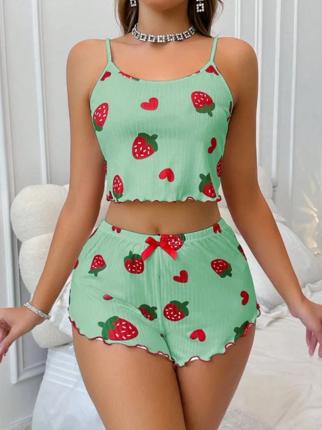 Summer Strawberry Print 2PCS Pajama Set Women's Casual Sleepwear Suspender Crop Tops and Shorts Comfortable Home Wear