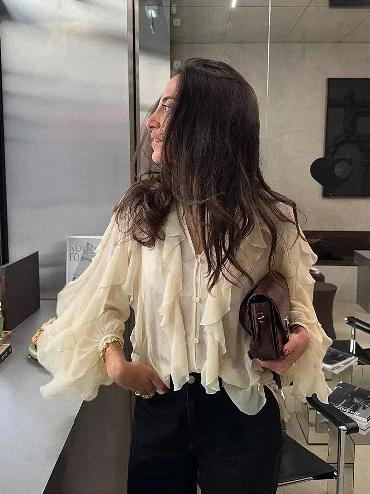 Foridol Ruffles Tiered V Neck Blouse Women Summer Spring Long Sleeve Casual Blusa Chiffon Blouses Buttons New in Female Top 2025