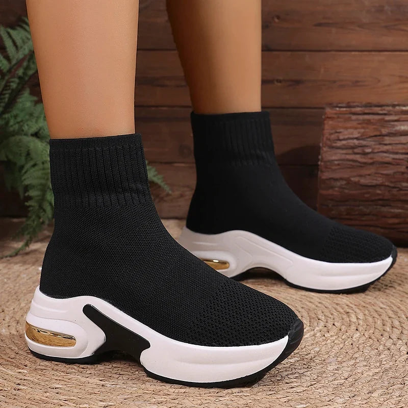 2025 Thick Bottom Knitted Ankle Boots Women Comfort Breathable Platform Sock Shoes Woman Plus Size Wedges Short Booties Mujer
