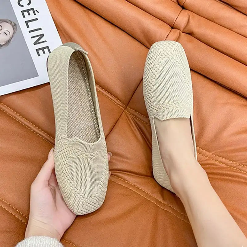 Spring and Autumn Flat Shoes Fashion Leisure Women's Flat Shoes Square Toe Knitting Elastic Comfortable Slip-on Boutique Shoes