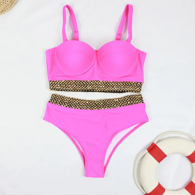 2026 Sexy Bikini Women Push Up Swimwear Swimsuit Gold Wavy Edge Patchwork High Waist Bikinis Set Bathing Suit Biquinis Feminino