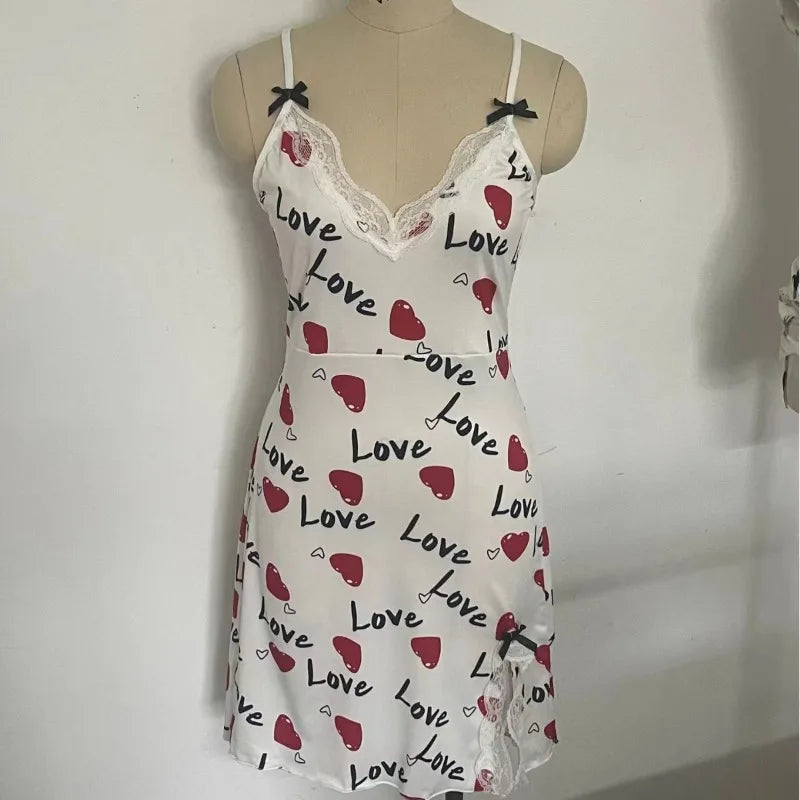 Lace Edge V-Neck Sling Side Split Sleepwear Women's Printed Love Letter Black Home Sling Dress Pajamas