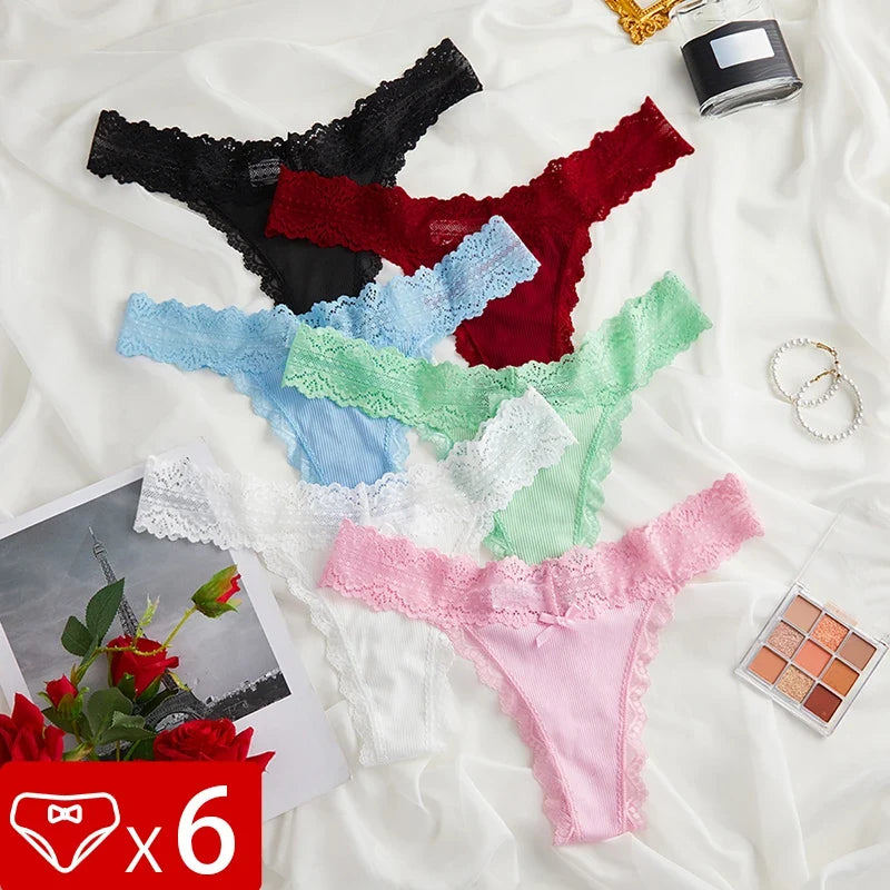6pcs/Set Perspective Floral Panties Women Lace Thongs Low Waist Comfortable Solid Ladies G-string Bow Female Sexy Underwear