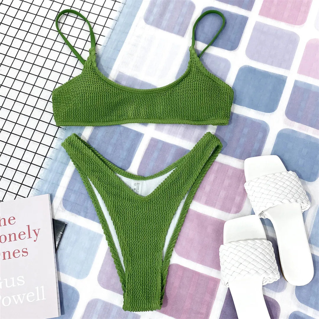 New Sexy Wrinkled Crinkled Bikini Female Swimsuit Women Swimwear Two-Pieces Bikini Set Mid Waist Bather Bathing Suit Swim V3032P