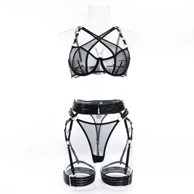 Toucheart Sexy Floral Embroidery Underwear Steel Ring Bra Lace Mesh Sexy Webbing Hollow Waistband Hanging Erotic Lingerie Suit