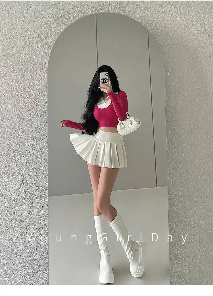 WOMENGAGA Fahsion Women Skorts Spicy Girl Sexy High Waist SlimA-LINE Pleated Skirt Half Body Short Skirt Sweet Korean Style 8NDZ