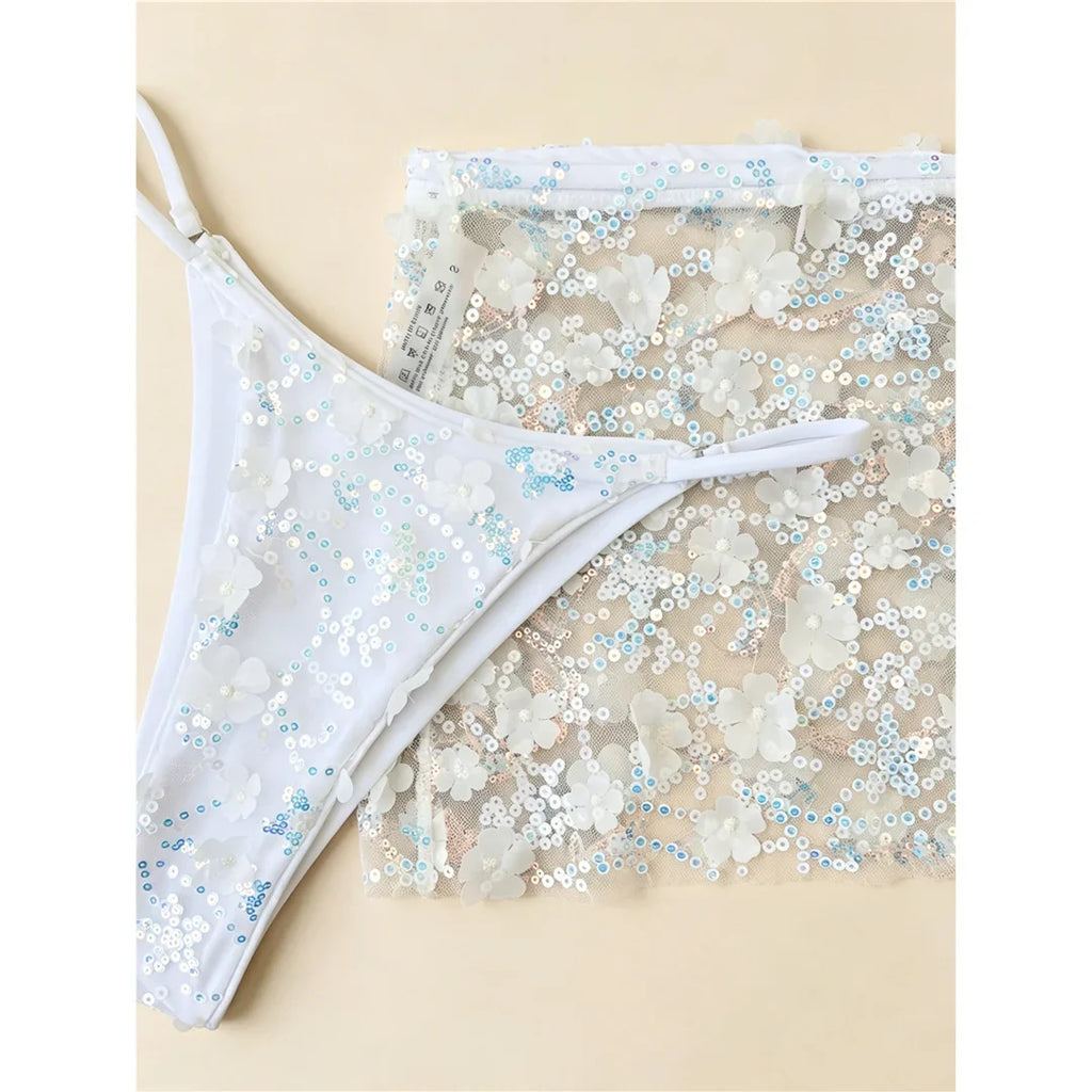S - XL Three-pieces Bikini set With Skirt Flowers Sequins Bikini Female Swimsuit Women Swimwear Bather Bathing Suit Swim V7864