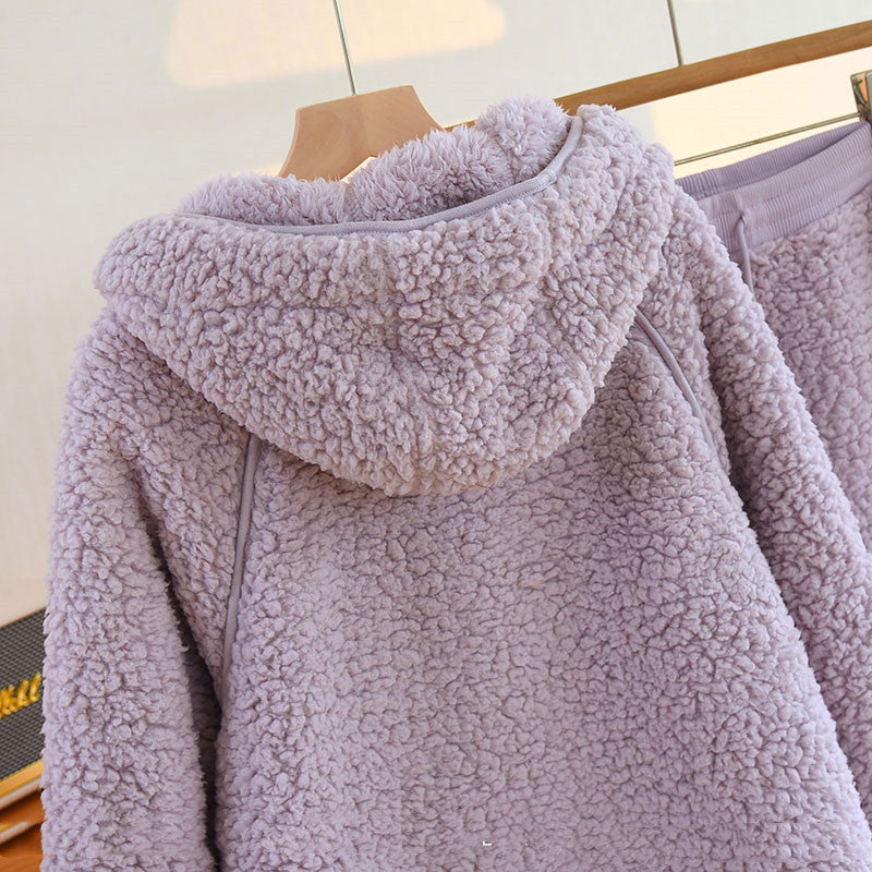 Korean New Women Warm Coral Fleece Pajamas Set Autumn Winter Sleepwear 2 Pieces Home Suit Casual Hooded Pajamas Night Wear