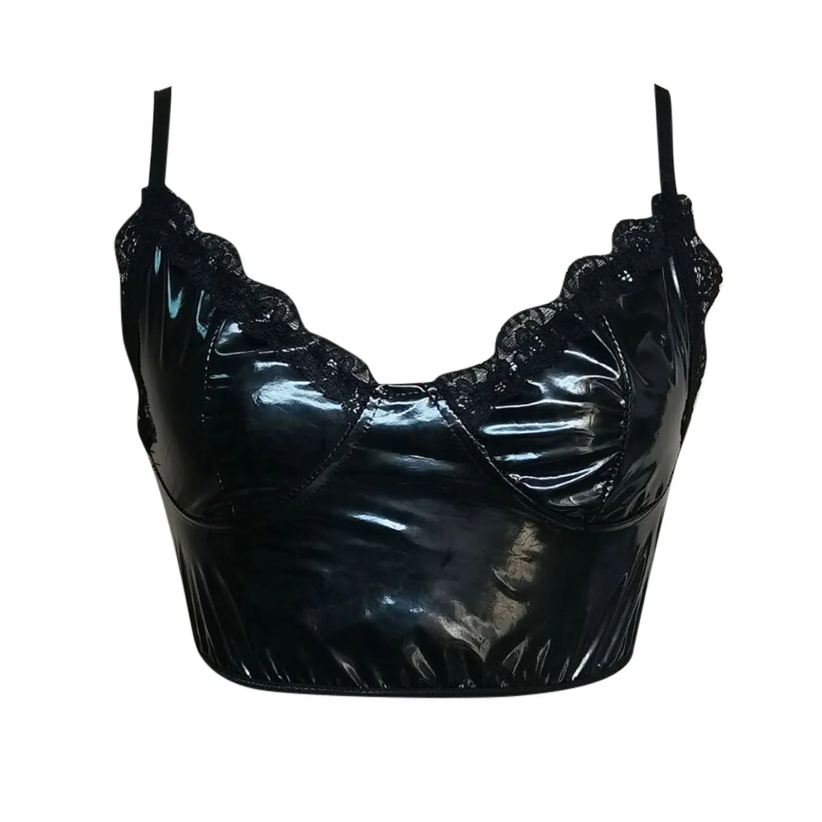 Womens Black Faux Leather Lace Trim Cami Tops Spaghetti Strap V Neck Bustier Crop Top Shiny Wet Look Camisole Sexy Nightclub Top