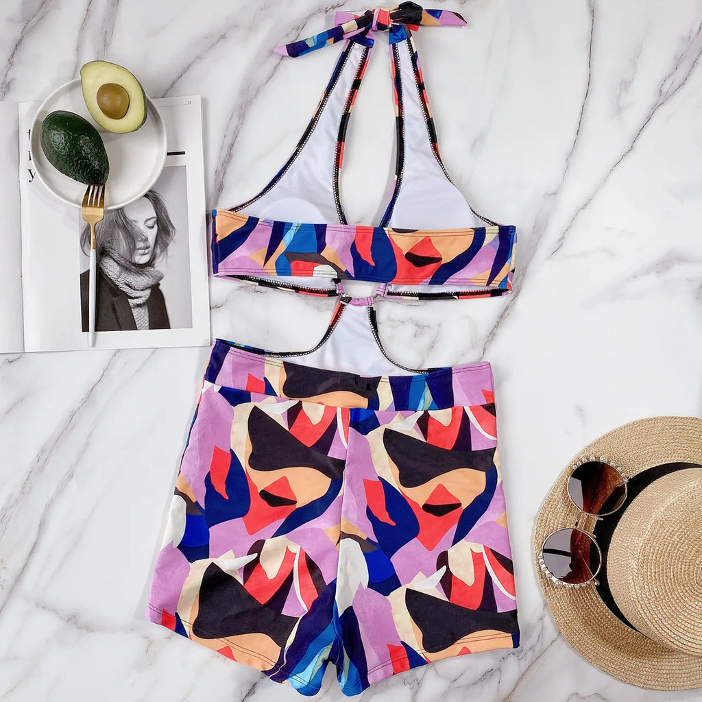 2 Colors Sexy One Piece Swimsuit Swimwear Women Black Leopard Colorful Print High Waist Halter Bathing Suit Beachwear Metal Hoop