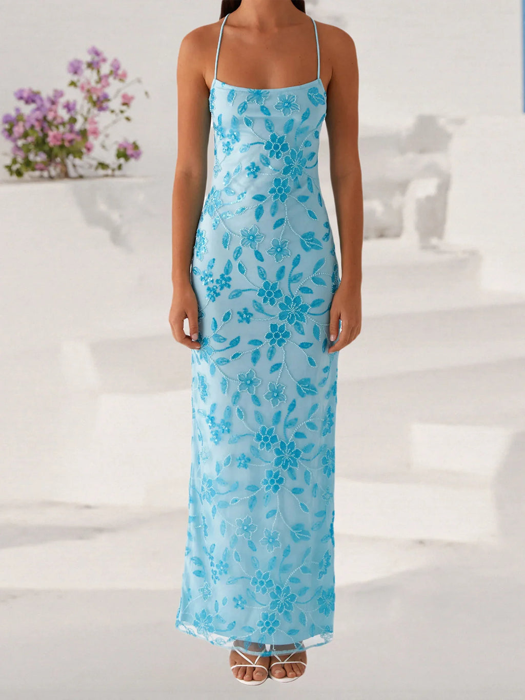 Women Summer Glitter Sequin Beaded Flower Cami Dress Slim High Split Spaghetti Strap Open Back Long Dresses for Party Club
