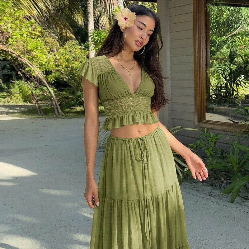 FDYOUI Sexy V-neck Lace Patchwork T-shirt Tops+Long Skirt 2 Piece Set Women's Summer Green Holiday Party Dress Suit Streetwear