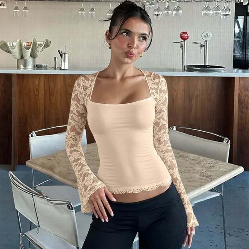 FDYOUI 2026 New Lace Patchwork Long Sleeve T-shirts for Women Square Collar See-through Slim Crop Tops White Black Tee Shirt
