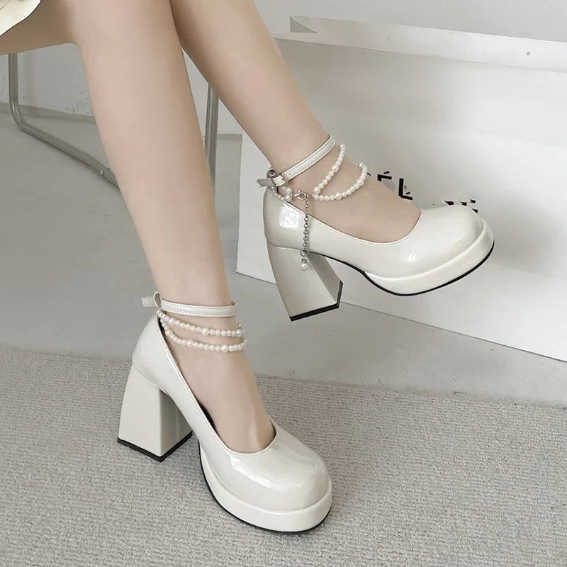 10cm Super High Heels Mary Jane Shoes Women Fashion Patent Leather Platform Pumps Woman Pearls Chain Ankle Strap Party Shoes