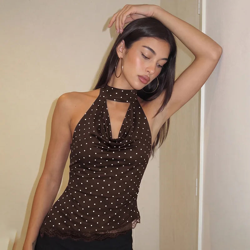 FDYOUI Women's Chic Polka Dot Tanks Top 2026 Summer Off Shoulder Lace Patchwork Corset Bandage Backless Crop Tops Streetwear