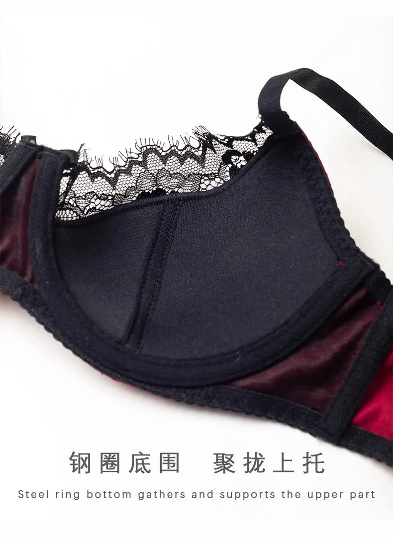Elegant Red Satin Lingerie Set, Zodiac Inspired Bra Small Chest, Push Up Gathers Anti Sagging, Sensual Lace Bralette Women Tushy