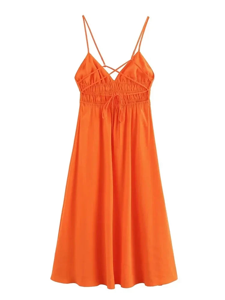 Foridol Orange Backless Tie Up Sexy Summer Women Dress V Neck A-line Beach Slip Dress 2025 Spaghetti Strap Party Midi Vestidos