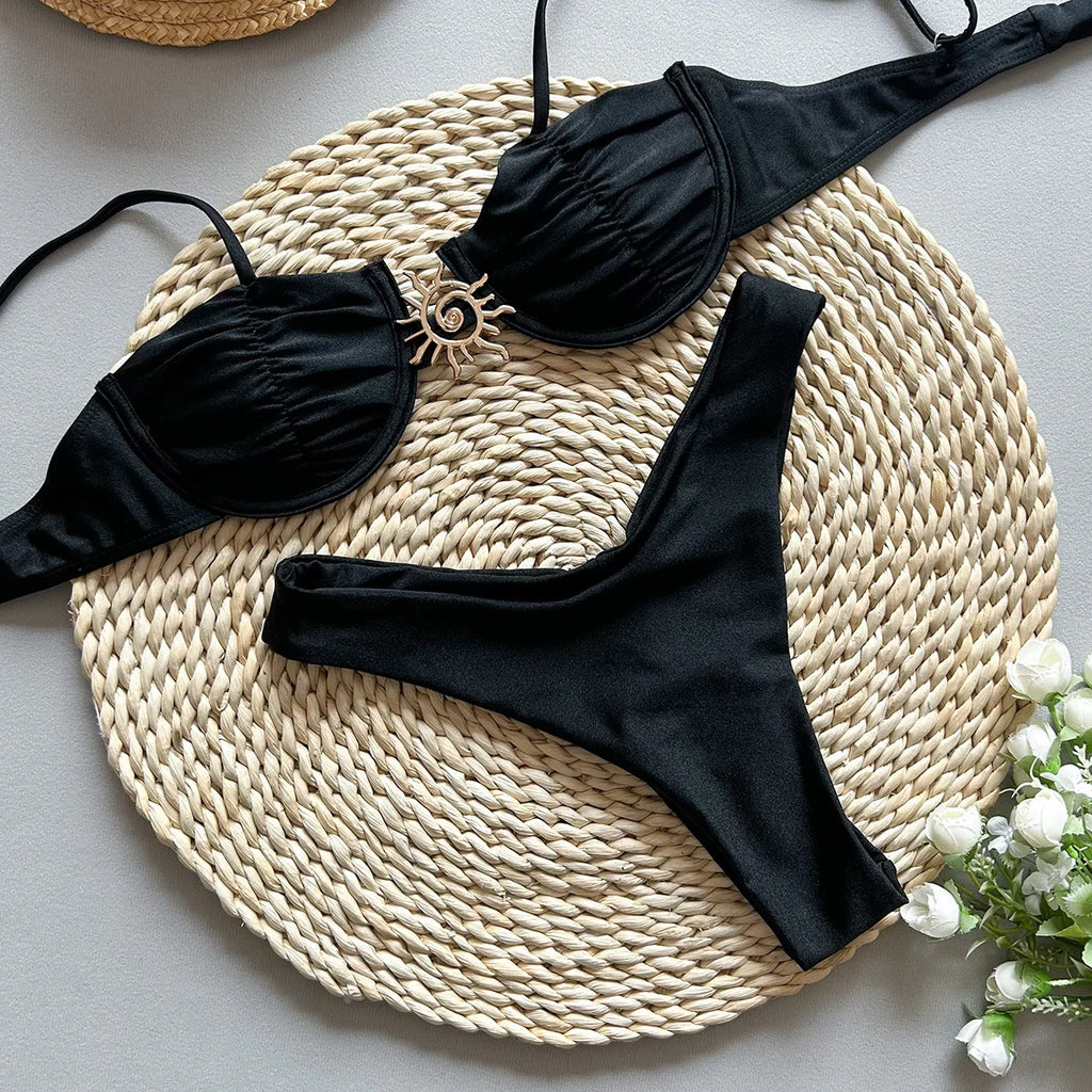 Sexy Metal Sun Ornament Bikini Set Women Solid Black Red Push Up Underwire Micro Swimsuit 2026 Brazilian Bathing Suit Swimwear