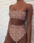 3 Colors Sexy Bikini Bandeau Women Solid Leopard Print High Waist Swimwear Swimsuit Beach Bikini Set Bathing Suit With Waistband